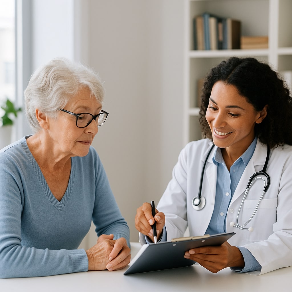 Annual Medicare Plan Reviews-IMG Doctor conducting annual Medicare plan review with senior woman in a medical office | Hatch Medicare Solutions