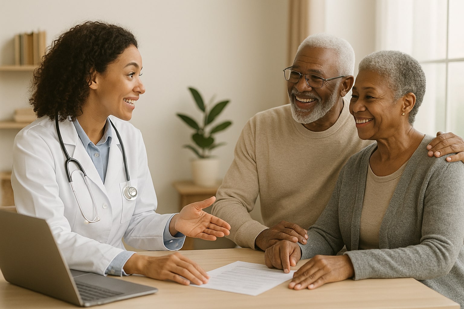 Enrollment Support for New Beneficiaries_IMG Doctor providing Medicare enrollment support to smiling senior couple in a medical office | Hatch Medicare Solutions