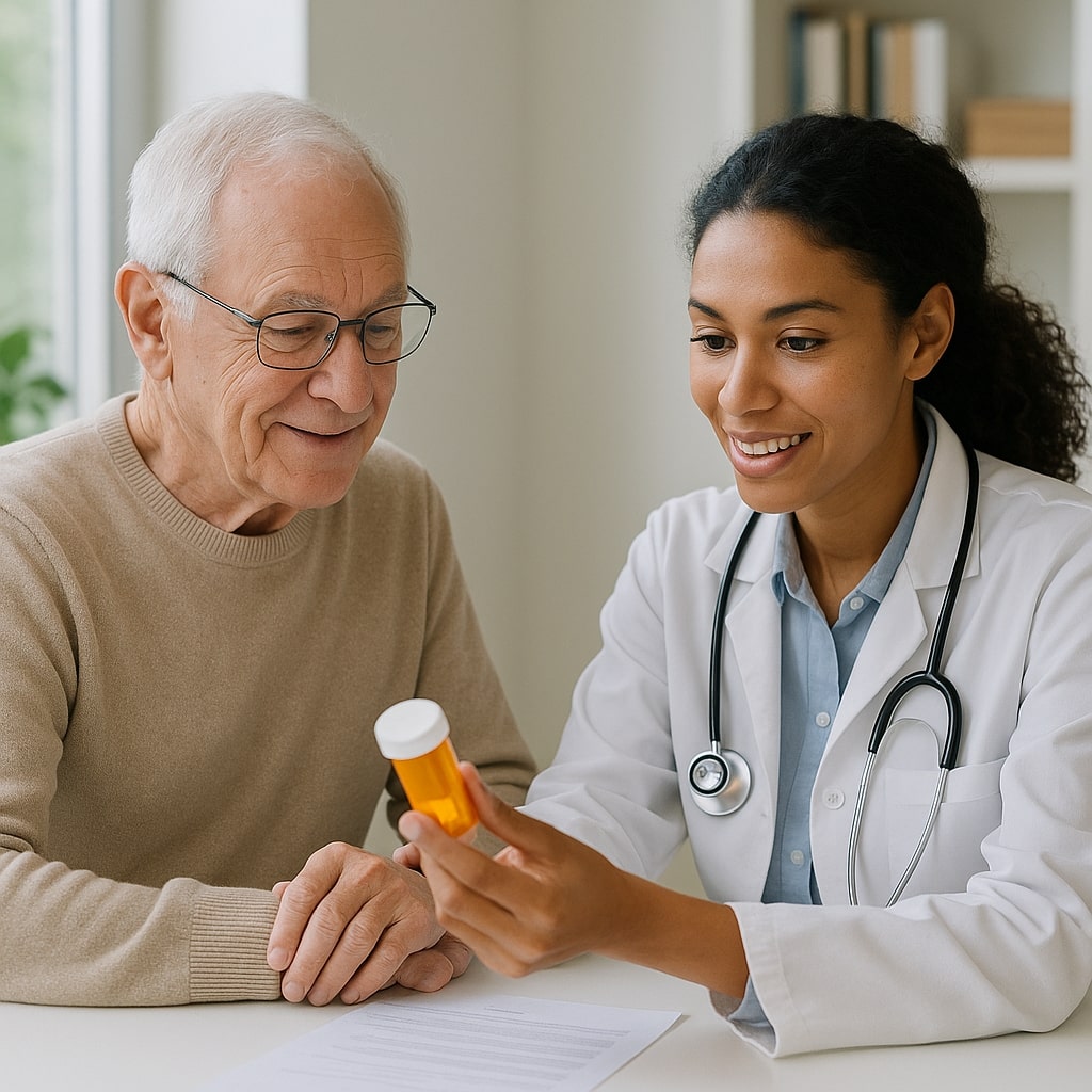Help with Prescription Drug Plans_IMG Doctor discussing Medicare Part D prescription drug plan with senior patient in a medical office | Hatch Medicare Solutions