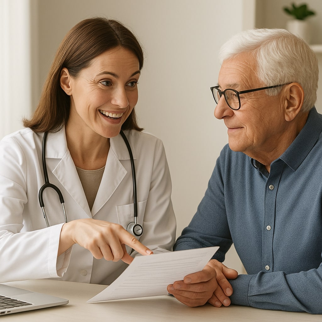 Medicare_Advantage_Supplement_Plans Doctor explaining Medicare Advantage and Supplement plan options to senior patient during consultation | Hatch Medicare Solutions